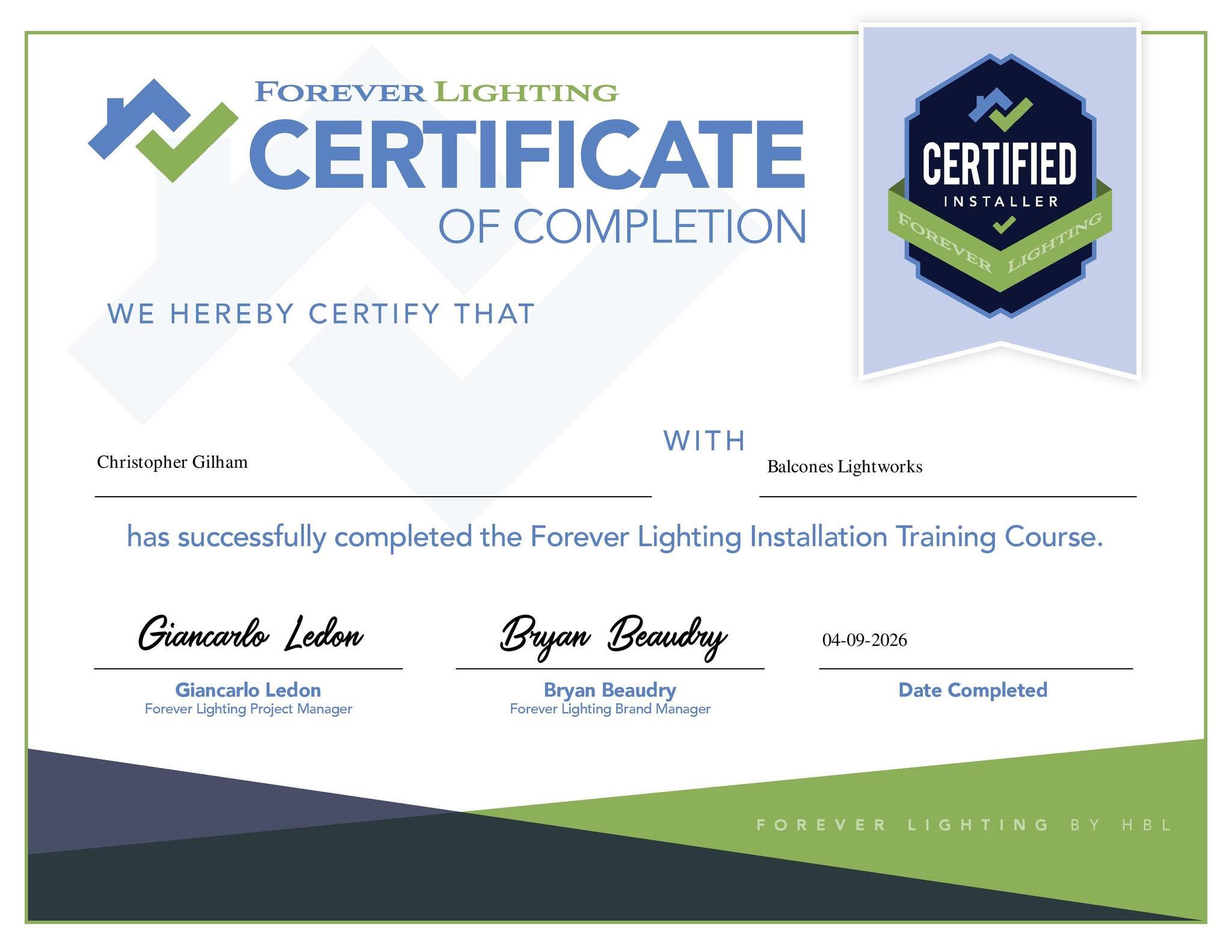 Forever Lighting certificate of completion for Balcones Lightworks